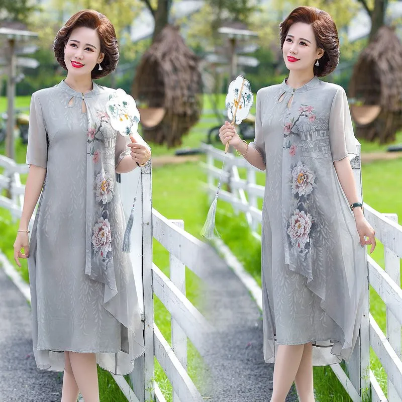 New Summer Silk Middle Aaged Women Chiffon Short Sleeve Midi Dress Female Elegant Mother  Dresses Vestitos