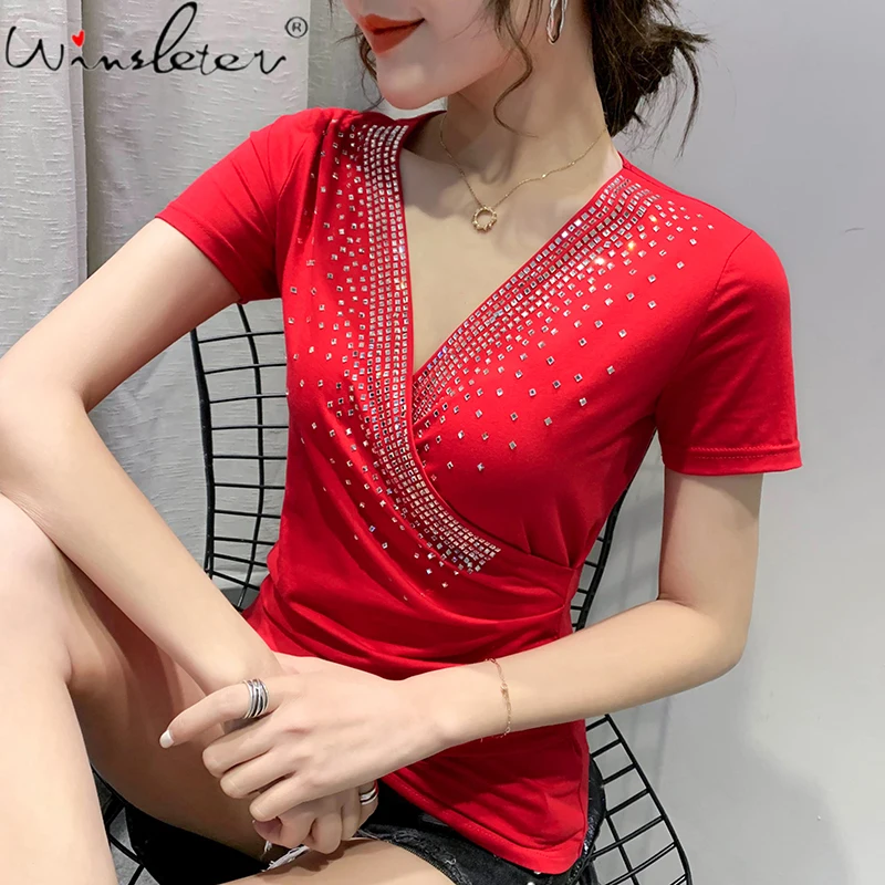 Summer European Clothes Cotton T-Shirt Girl Fashion Sexy V-Neck Drape Shiny Rivet Women Tops Short Sleeve Tees New 2021 T14316A