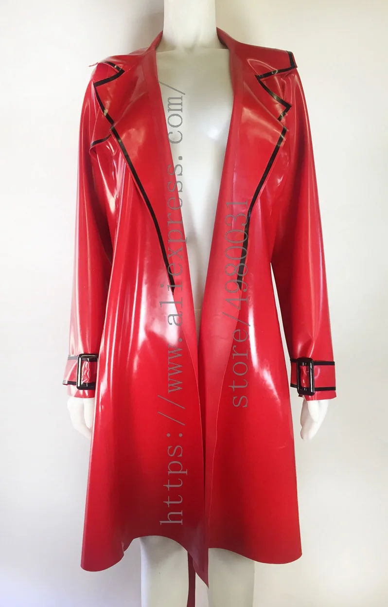 Shiny & loose style red long latex coat women's latex windbreaker with black trims decorations