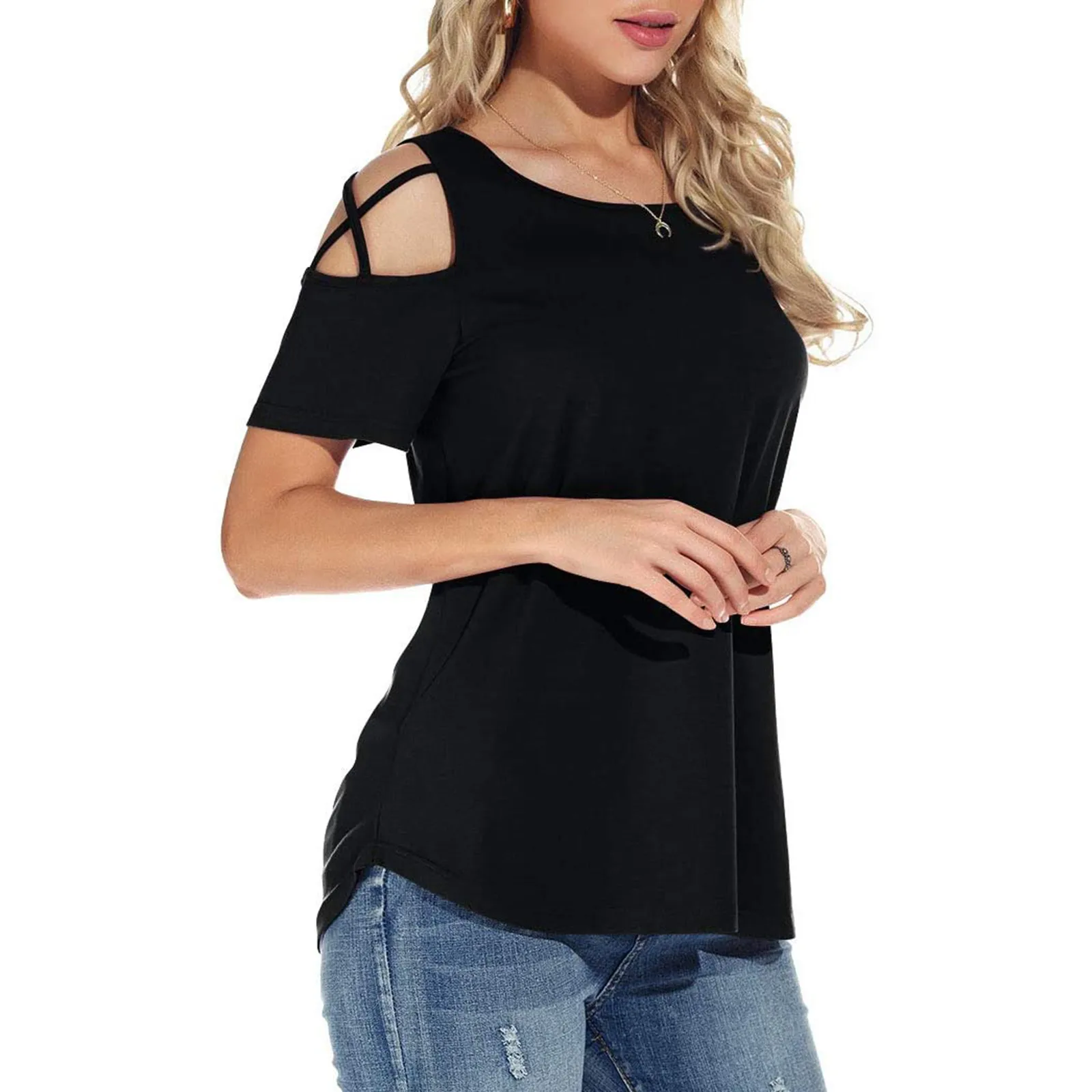 Women Summer Short Sleeve Strappy Cold Shoulder Tee Shirt Tops Blouses Fashion Female Off Shoulder Casual Daily Blouse Crop Top