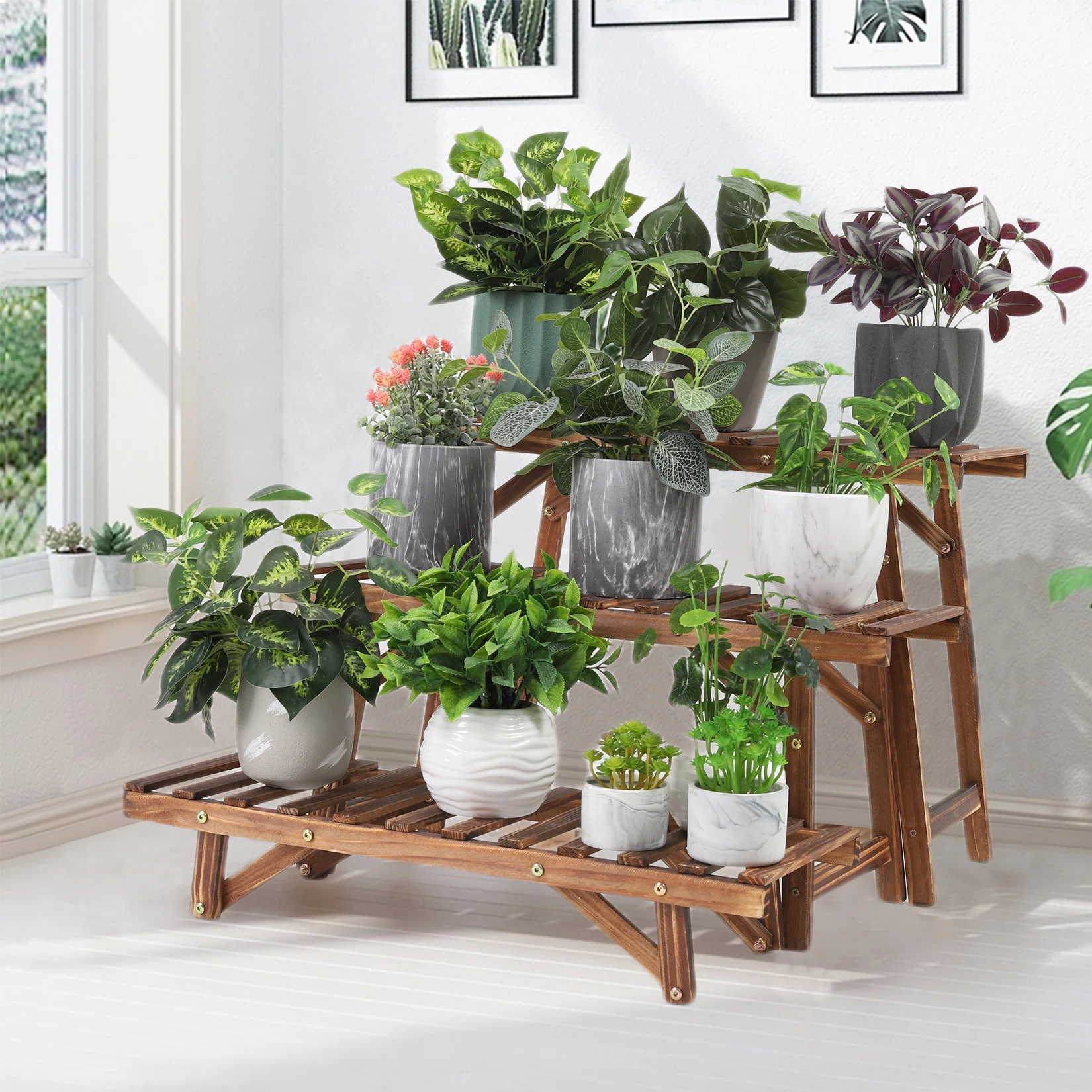 3 Tier Freestanding Ladder Shelf Wood Plant Stand Indoor Outdoor Plant Display Rack Flower Pot Holder Planter Organizer