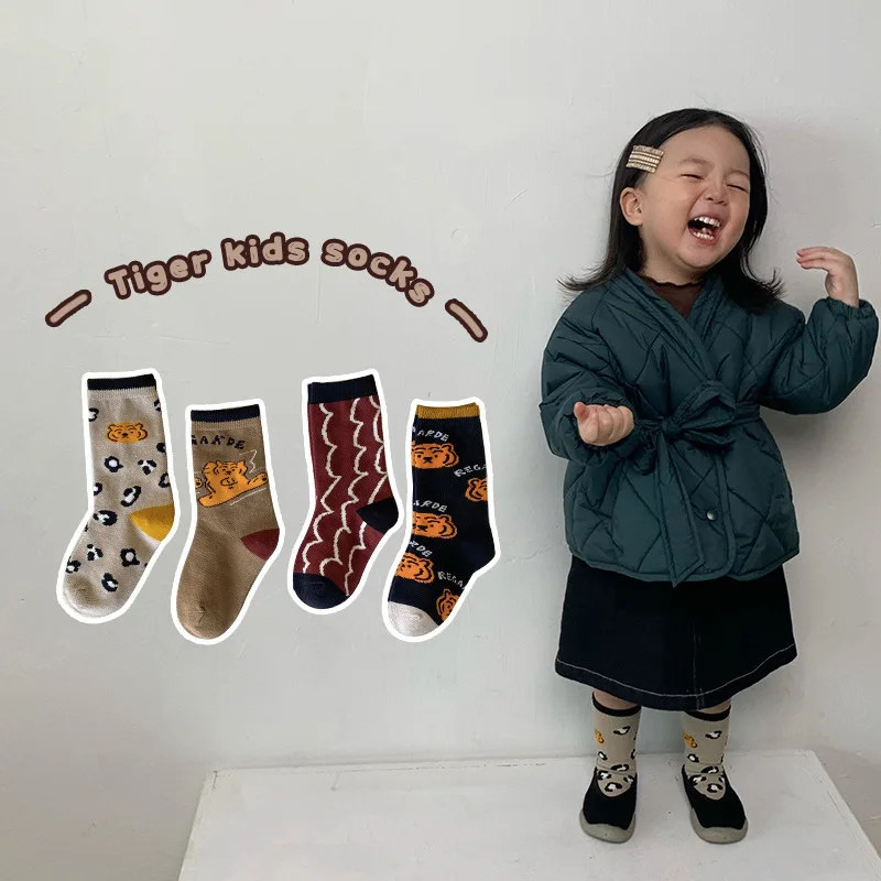 

4Pairs Children Socks Baby Boys Girls Cartoon Leopard Tiger Cotton Socks Fashion Kids Socks