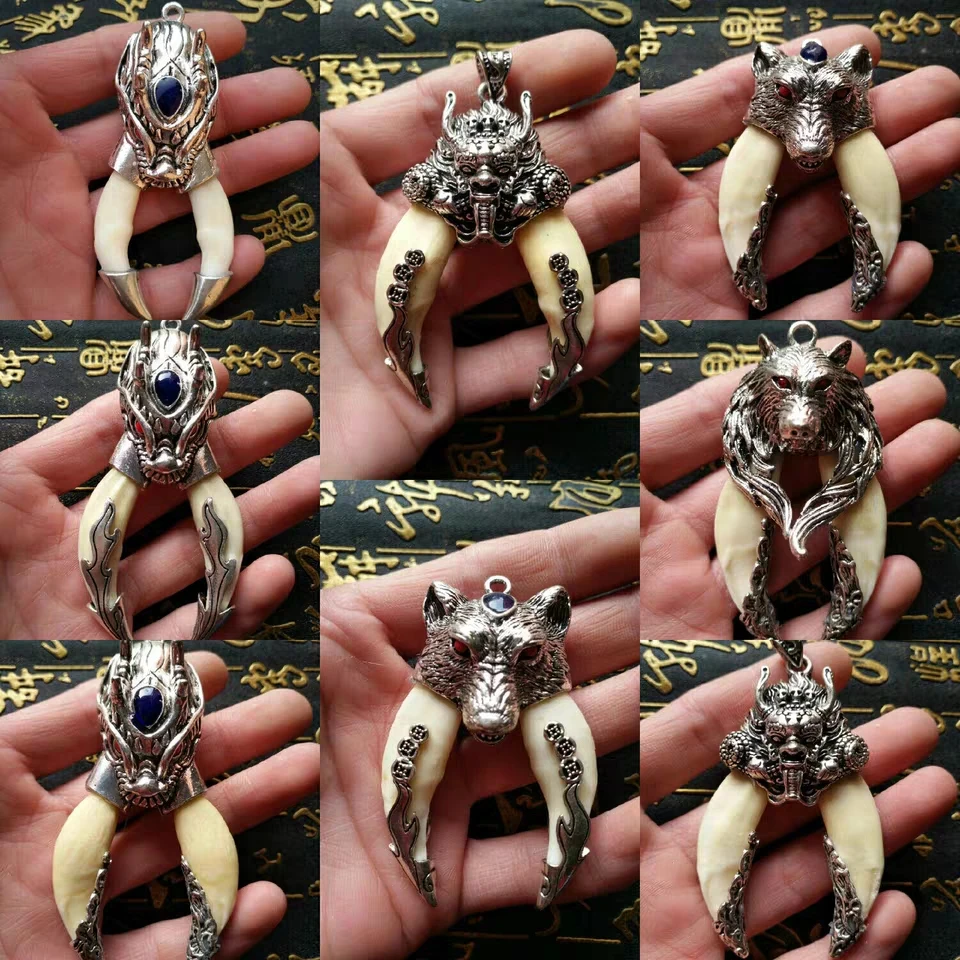 China Vintage Tibetan Silver Inlaid Natural Stone Amulet Men's Couple Pendant/Braided Rope Necklace Wolf Teeth Pendant Gift /1