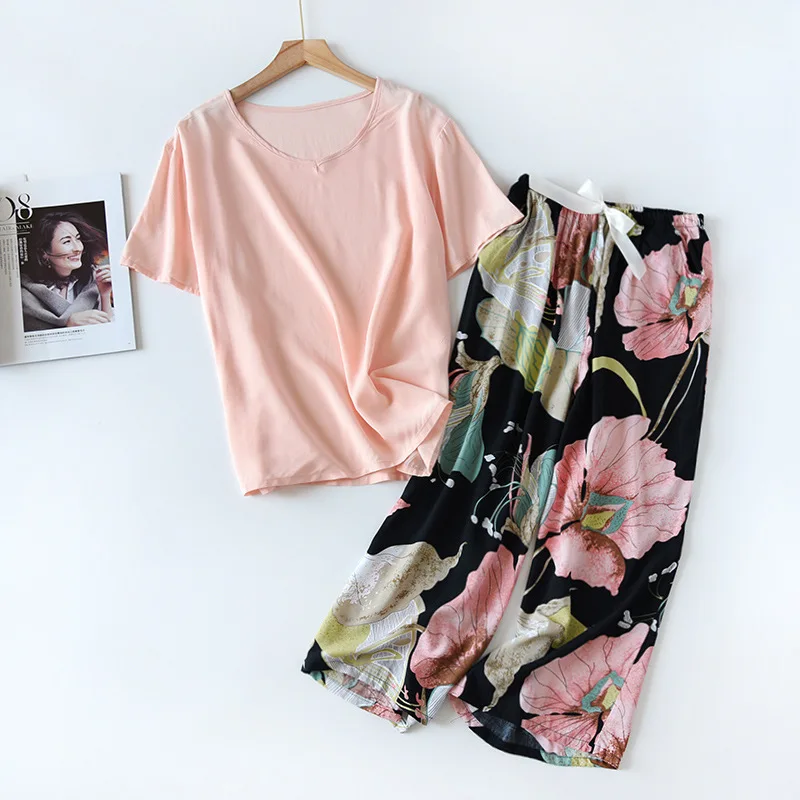 Spring New Women Comfort Rayon Pajamas Set Loose Thin Wide Leg Floral Printed Short Sleeve+Pants 2Pcs Ladies Household Sleepwear