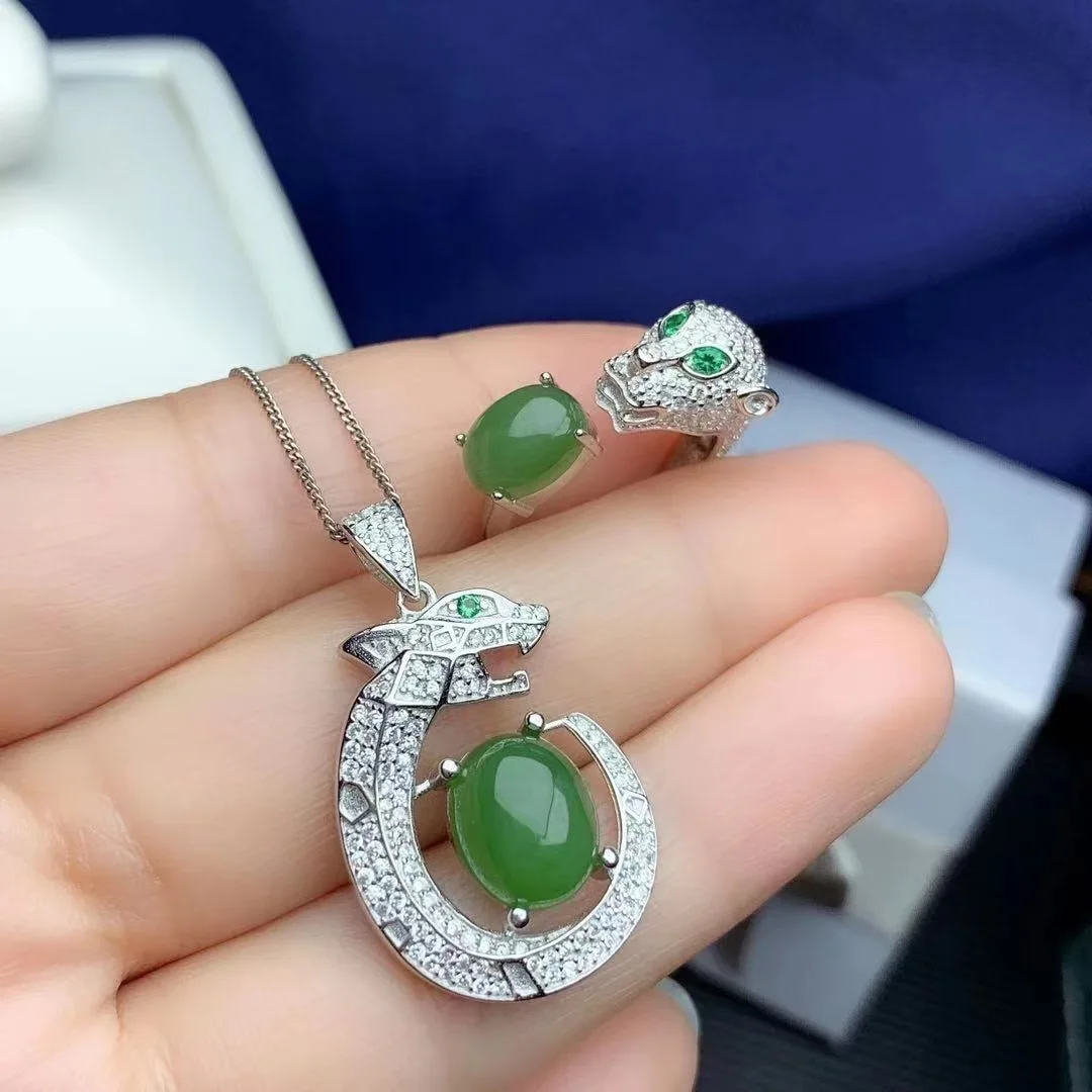 

Leopard Style Natural and Real Hetian Green Jade jewelry set 925 sterling silver 1pc pendant,1pc ring