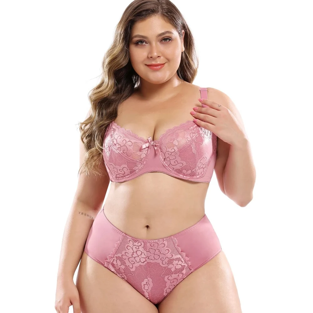 

Full Cup Unlined Bra and Panty Set Plus Size Female Lingeries Ultra Thin Panty Floral Lace Women Bra Set 6 Colors C D DD E F
