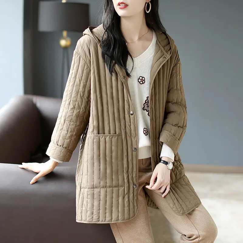 White Duck Down Striped Hooded Mid-length Jacket Women Casual Warm Down Jacket Women 2021 Winter New Simple Loose Coat  L2547