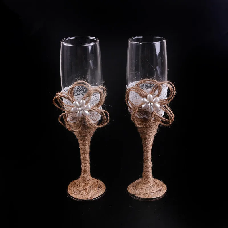 Newest 1 pair jute rope and pearl Rustic Wedding Bridal Shower Gift wedding burlap Champagne Toasting Glasses Set