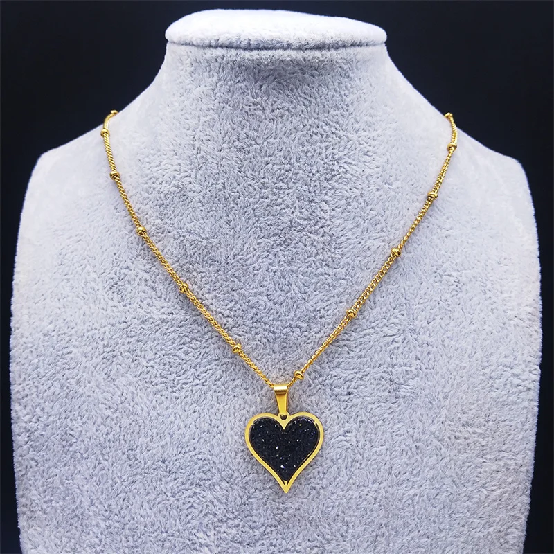 2023 Stainless Steel Black Crystal Heart Necklaces Charm Women Gold Color Small Pendants Necklaces Jewelry bijoux N8261S01