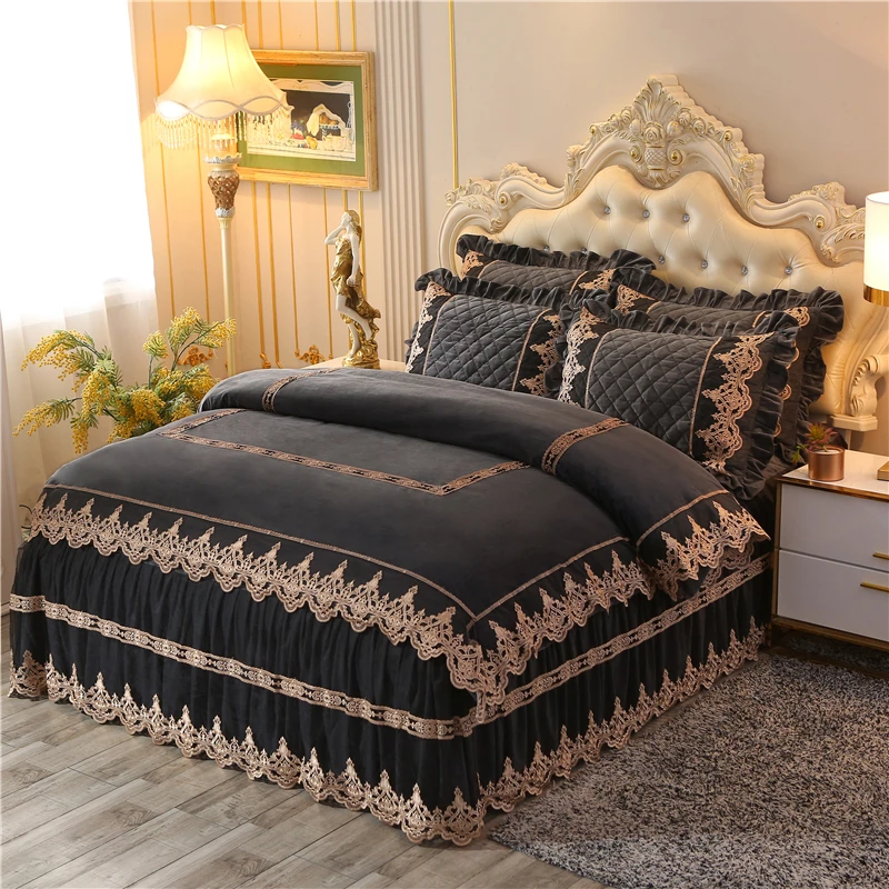 Dark Grey Magic Velvet Flannel Bedding Sets Sexy Lace Thickening Bed Skirt Pillowcase Duvet Cover Princess Style Warm Winter