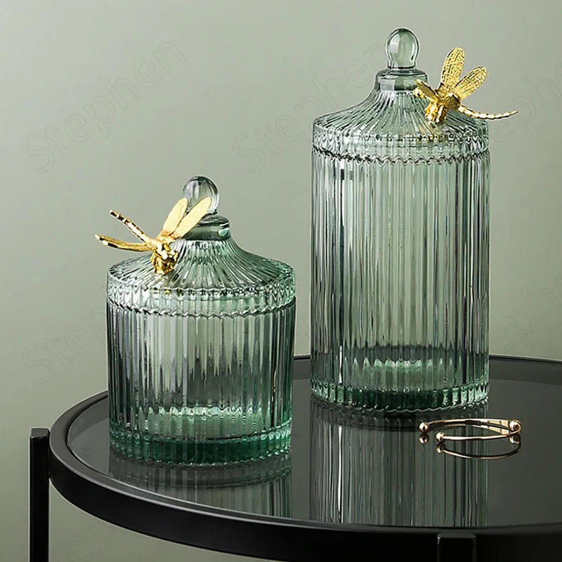 

Gilded Dragonfly Glass Jars Nordic Modern Butterfly Golden Stroke Vertical Lines Cosmetic Containers Snacks Storage Jar with Lid