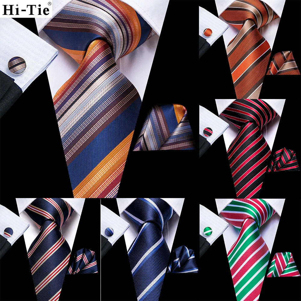 

Hi-Tie Orange Blue Striped Silk Wedding Tie For Men Hanky Cufflink Gift Men Nicktie Business Party Dropshipping Fashion Designer