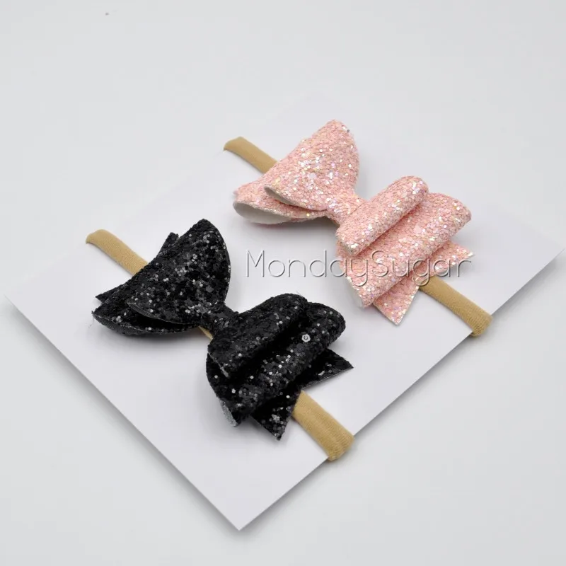 8pcs/lot  3inch Glitter Bow Baby Headband Soft Nylon Elastic Hair Band Toddler Hair Accessory Gifts For Infants