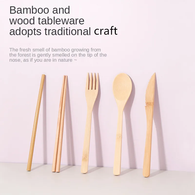 Portable Bamboo Tableware Set, Simple Style Cutlery, Knife, Fork, Spoon, Chopsticks, Straws,Brush for Household, Outdoor, 6 Pcs