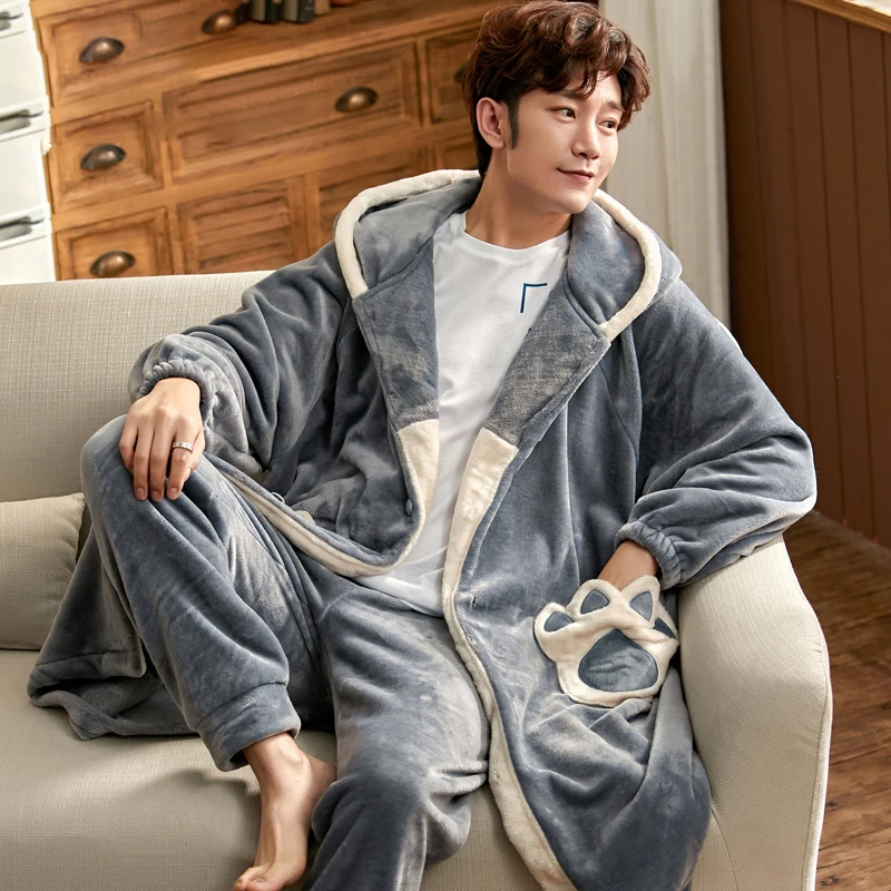 Hooded Men\'s Bathrobe Male Flannel Robe Sets Thick Dressing Gown Winter Long Robe Mens Homewear And Pant Plus Size 3XL пижама