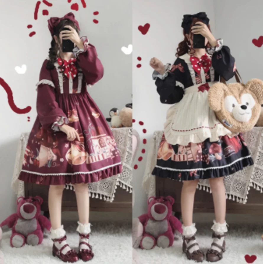 Kawaii mädchen gothic lolita op Weihnachten party süße lolita kleid vintage falbala bowknot hohe taille niedlich druck viktorianischen kleid