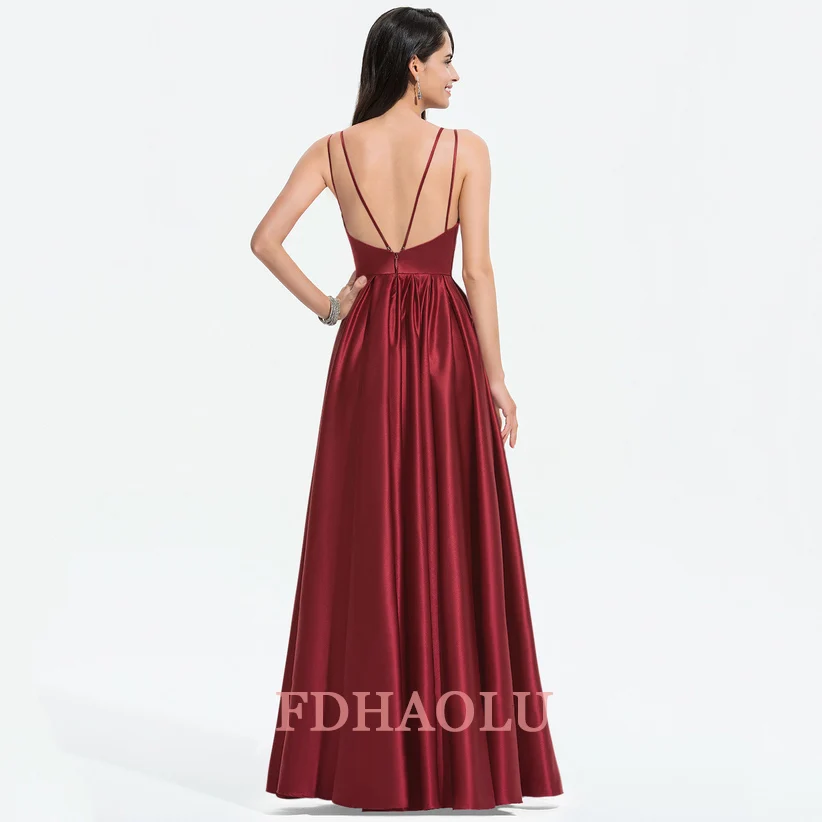 AE16 suknie balowe satynowe seksowne dekolt w serek Backless Burgundry długie formalne sukienki na przyjęcie tanie Prom długie eleganckie