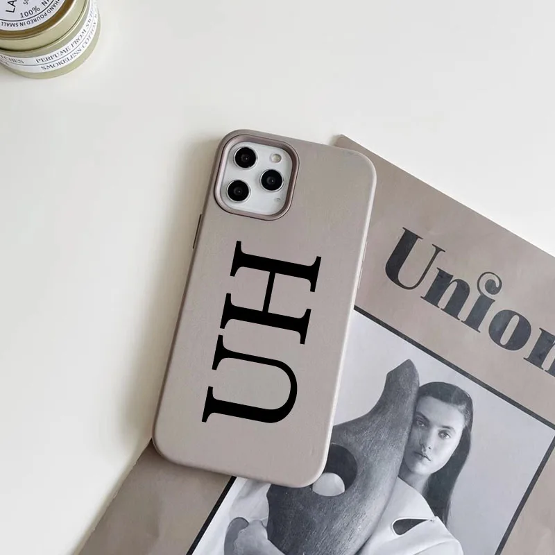 Capa de couro de luxo com letras iniciais personalizadas para iPhone, Sólido Personalize Nome PU Cover, 14 Pro Max, 13, 12, 11 Pro Max, XR, XS Max