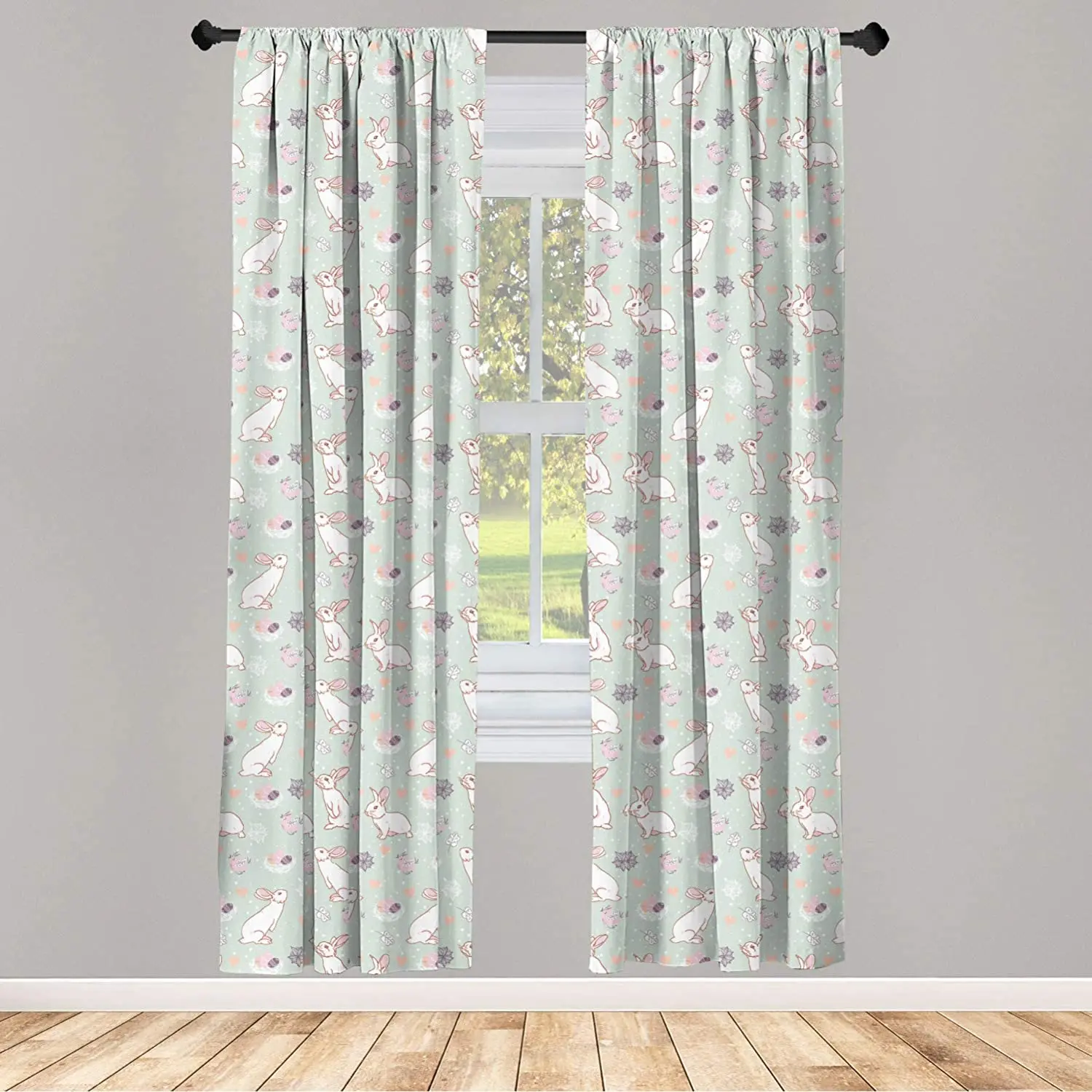 Easter Curtains White Rabbits Smelling The Fresh Spring Air Flowers Eggs and Hearts in Pastel Colors Window Drapes