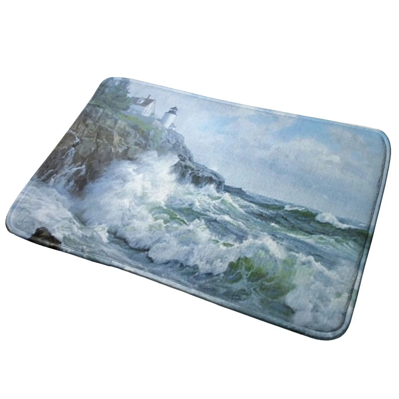 Ocean Waves With Lighthouse , Oil Based Paint Entrance Door Mat Bath Mat Rug Red Pink De Jouy France Paris Cat Mouses Ornaments