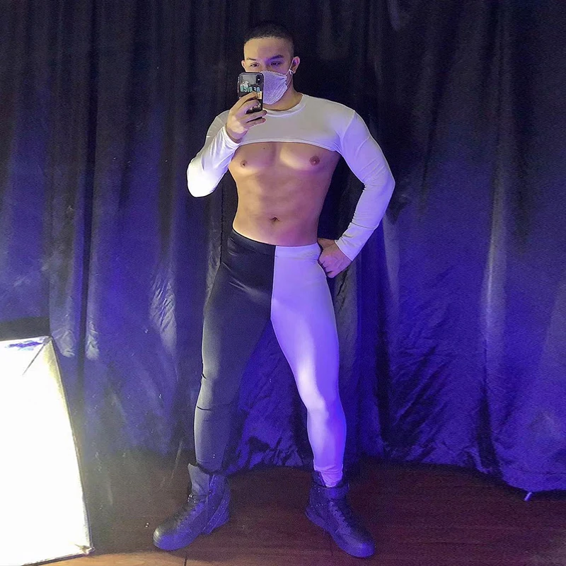 Traje de actuación de baile en barra para fiesta, pantalones blancos y negros para hombre, ropa de baile Gogo para club nocturno, traje Rave de escenario para hombre musculoso VDB3905