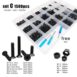 500/750/1500pcs M1.4 M1.6 M2 M2.5 M3 Black Steel Small Phillips Cross Flat Countersunk Head Screw Bolt Nut Set Assortment Kit