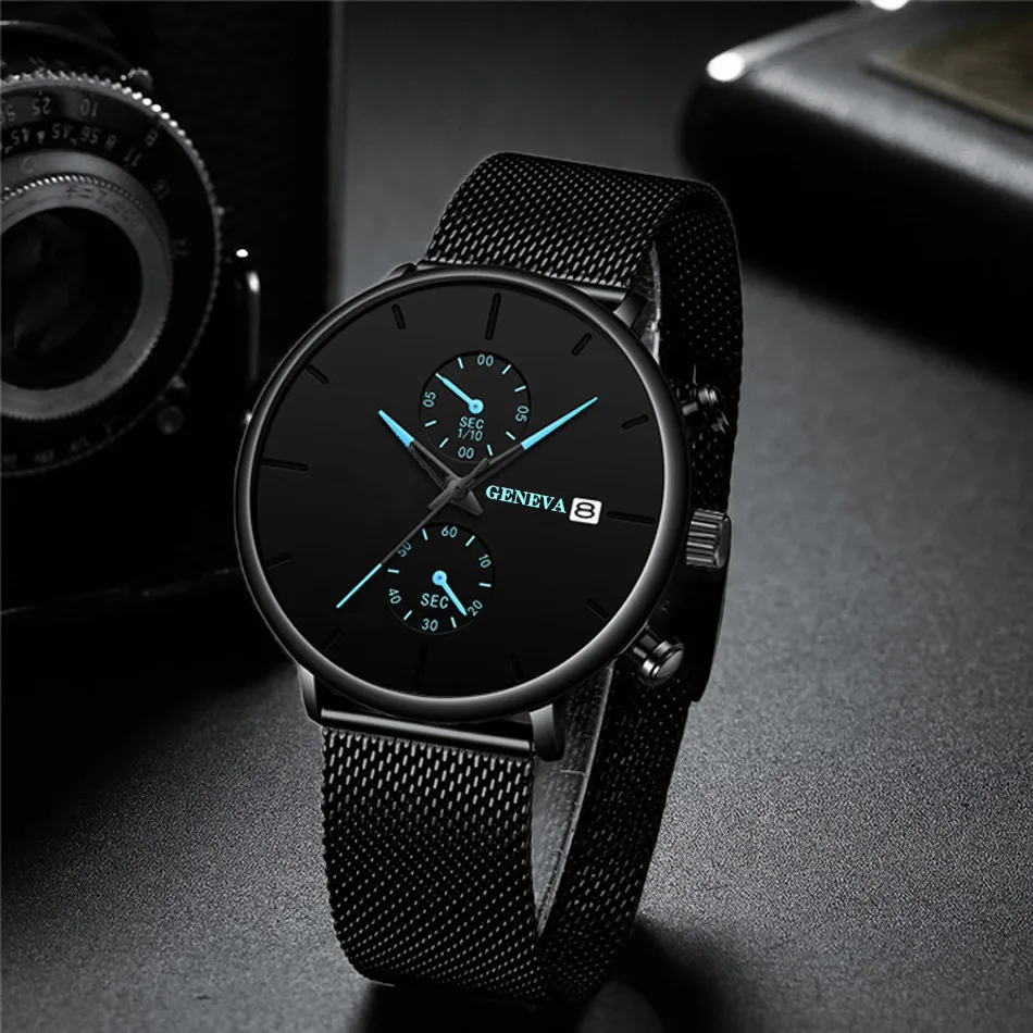 2021 Geneva Watch Men Sport Watches Black Mesh Band Auto Date Quartz Wristwatches Cheap Price Dropshipping Relogio Masculino