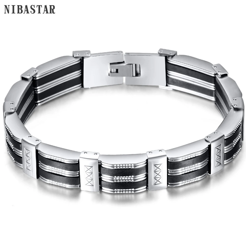 Stainless Steel Bracelet Men Wrist Band Black Grooved Rudder Silicone  Link Insert Punk Wristband Stylish Casual Bangle