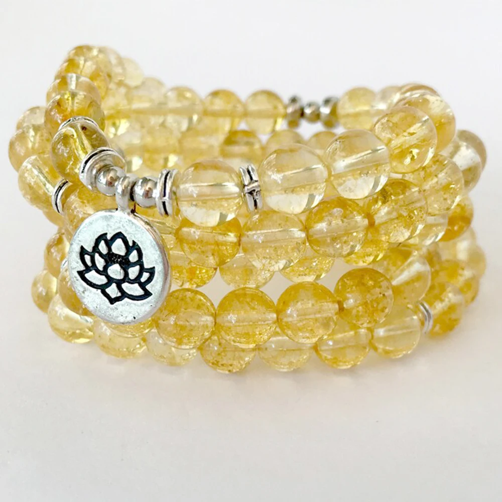 MG1358 Natural A Grade Citrine 108 Mala Bracelet Yellow Crystal Lotus Charm Rosary Necklace Spiritual Healing Jewelry For Women