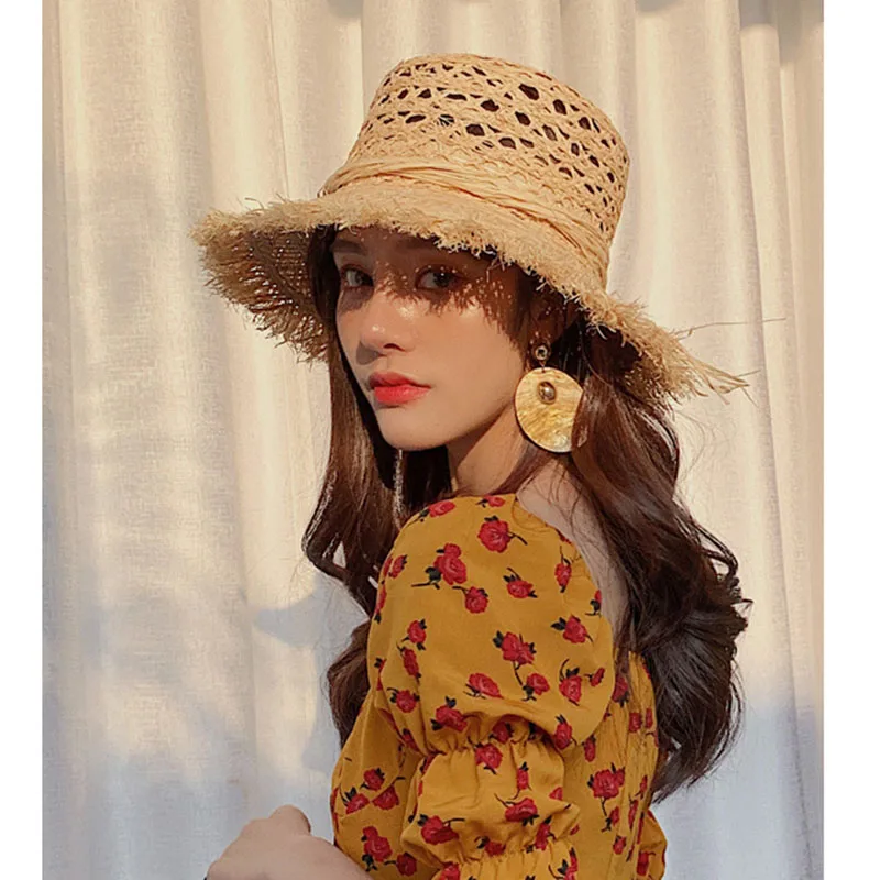 2021 New Summer Raffia Straw hat Hollow Out Retro Beach Fisherman Hat Basin Hat Fashion Straw Hat Fashion Tassel Woman Hat cap