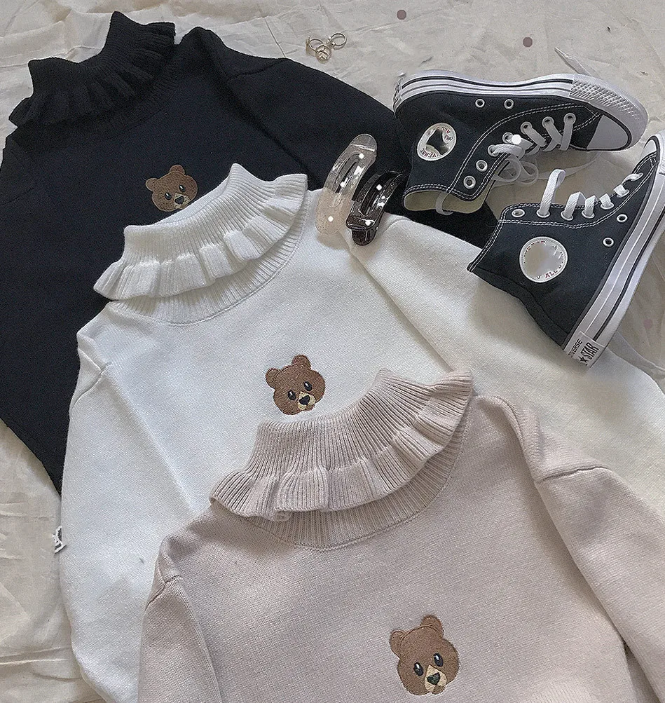 Harajuku Cute Bear Girl Turtleneck Sweater Vintage High Neck Kawaii Female Knitted Pullover Women Ruffle Slim Jumper White Black