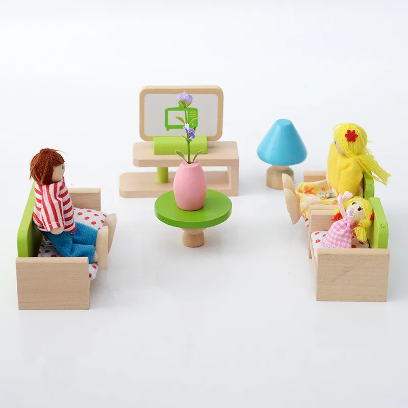 Wooden Dollhouse Colorful Miniature Furniture Set With Dolls Education House Play Toys For Kids Christmas Gifts