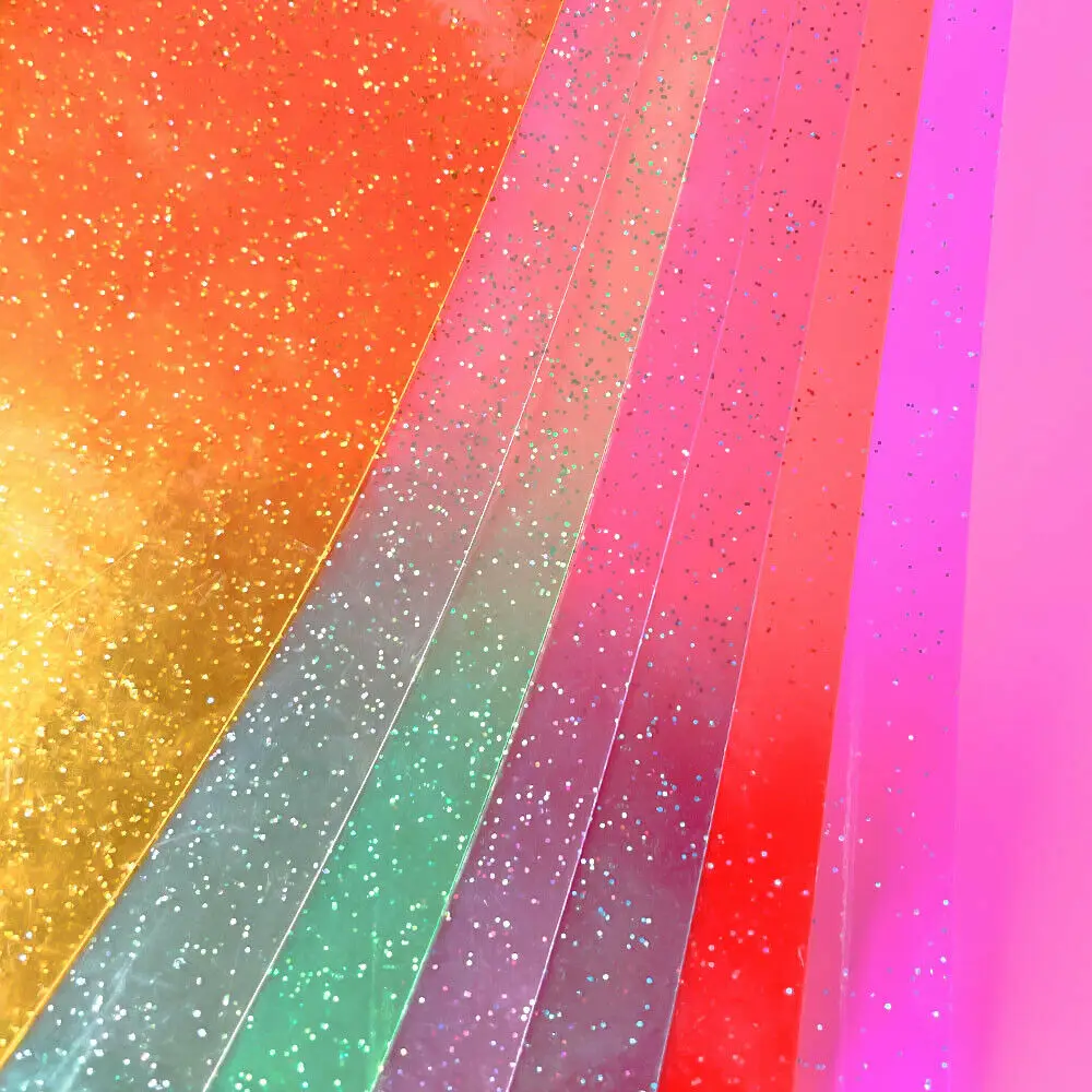 Materiał: Brokatowa skóra ekologiczna 20x30cm, przezroczysty PVC, winylowy materiał żelowy do dekoracji na imprezy, DIY, ozdoby do włosów, rękodzieło.