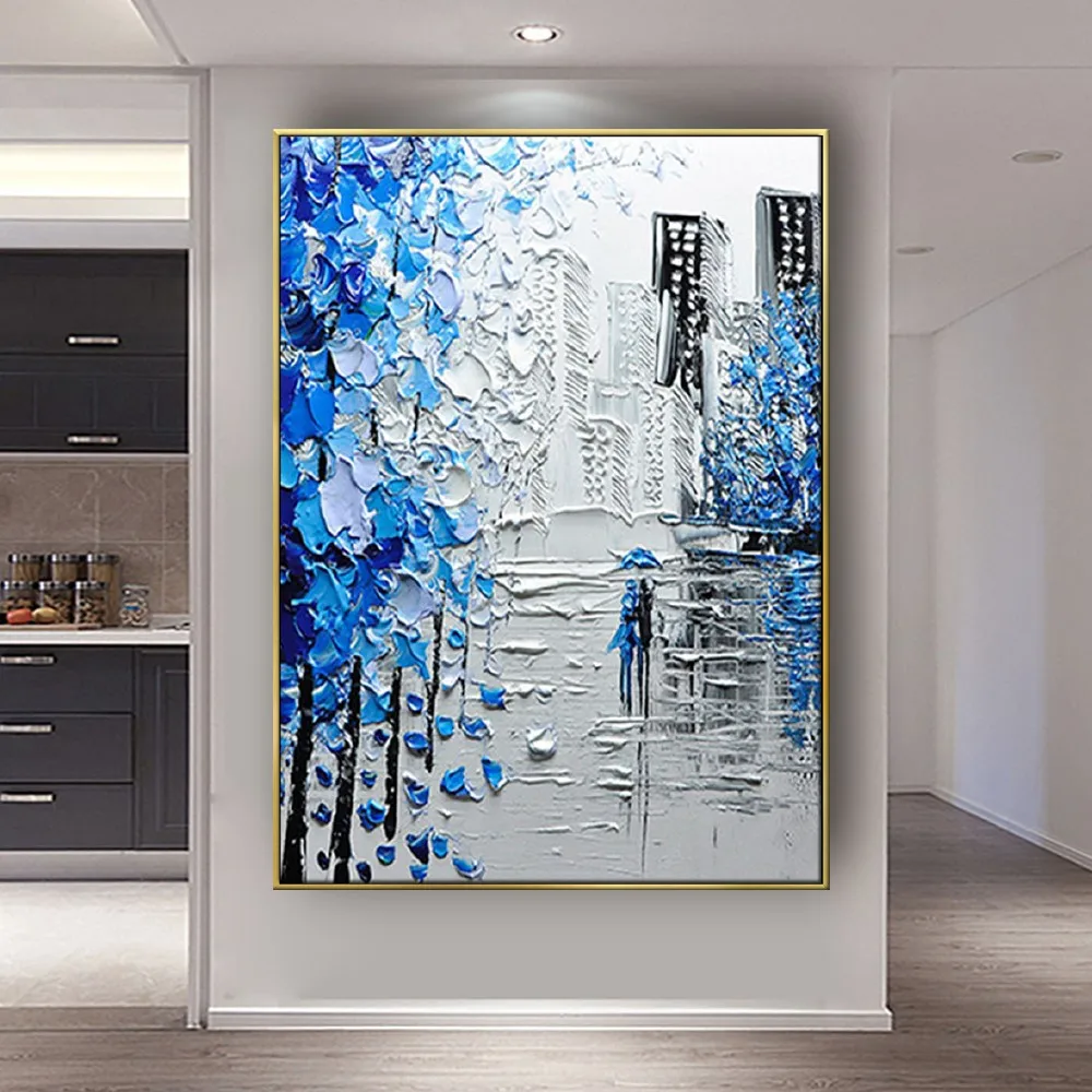 

Modern Knife Picture Blue 3d Texture Wall Art Hand-Painted City Oil Painting Scraper Canvas Poster Street Landscape Home Decor