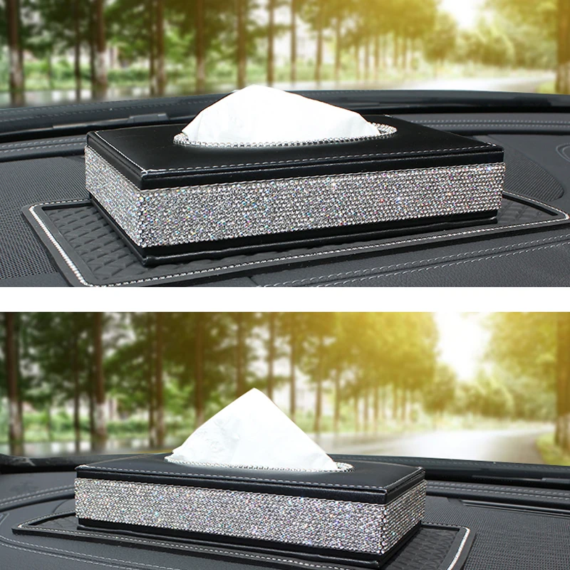 Luxury Rhinestones CarTissue Box Storage Paper Towel PU Leather Black Tissue Holder Towels Crystal Tissue Box Cover Car Styling