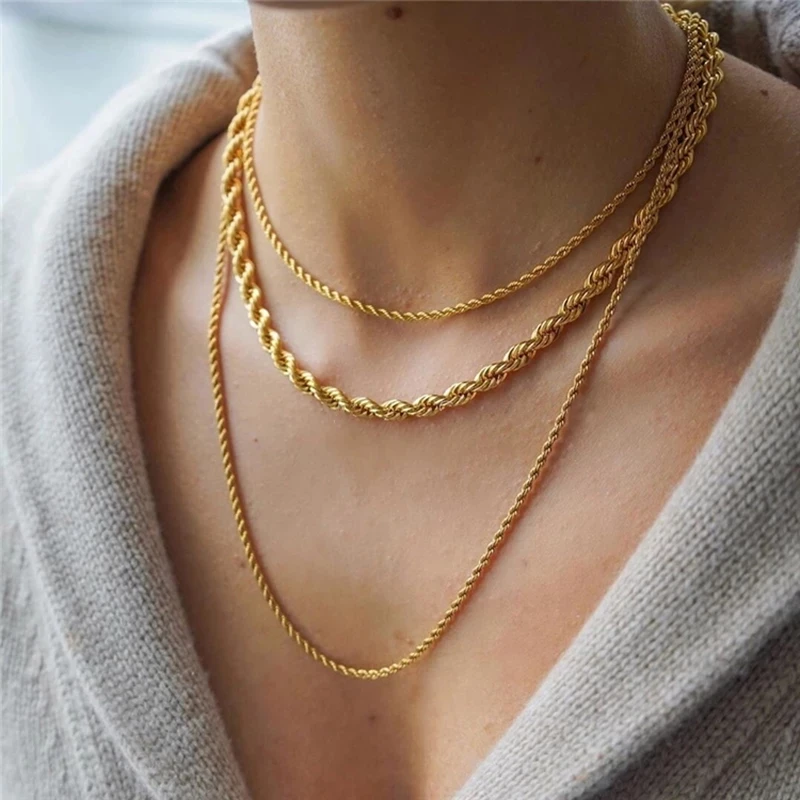 Minimalist Gold Color Twist Rope Chain Necklaces For Women 3MM Stainless Steel Herringbone Chains Choker Necklace Jewelry C022