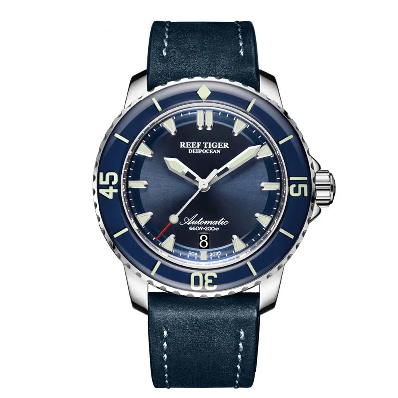 Reef Tiger/RT-reloj de lujo con correa de cuero azul para hombre, reloj deportivo de buceo, mecánico, automático