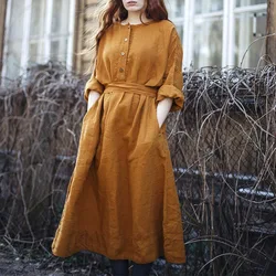 Vinatge 100% Linen Women Dress Casual Solid Long Sleeve Button Up Korean Harajuku Maxi Party Dress With Belt Pockets Vestido