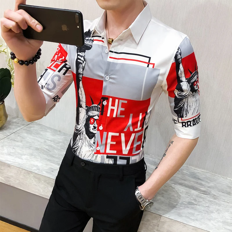 Half 2020 Summer Sleeve Men Shirt Slim Fit Tuxedo Fashion Turn Down Collar Casual Blouse Homme 4XL High Quality Letter Shirt Men