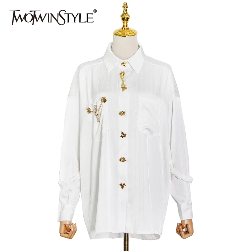 TWOTWINSTYLE White Striped Casual Shirts For Women Lapel Patchwork Diamond Straight Blouses Female 2021 Spring Fashion Clothing