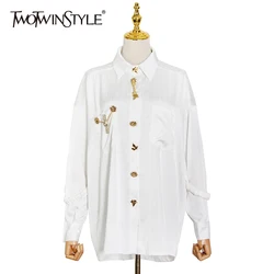 TWOTWINSTYLE White Striped Casual Shirts For Women Lapel Patchwork Diamond Straight Blouses Female 2021 Spring Fashion Clothing