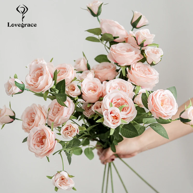 Lovegrace-buquê de flores artificiais, arranjo com rosas, flores de seda, 7 cabeças, festa de casamento, decoração