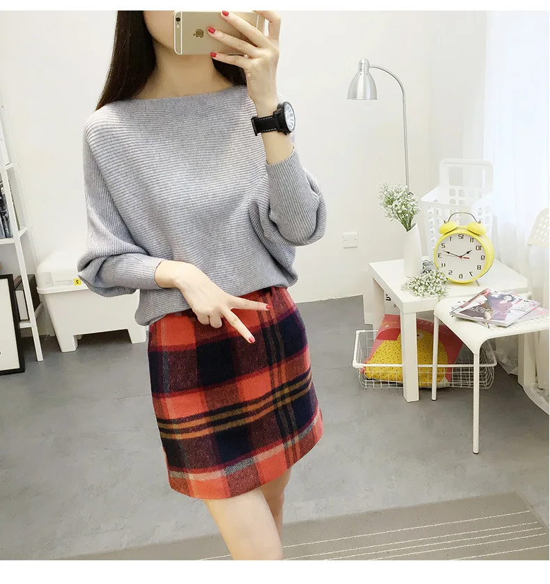 Autumn And Winter New Women Sweaters Bats Shirt Slash Neck Short Paragraph Female Knit Pullovers