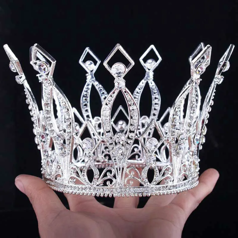 Baroque Golden Crown King Queen Circle Crystal Hair Ornaments Birthday Wedding Jewelry Hair Accessories Tiara Party ML