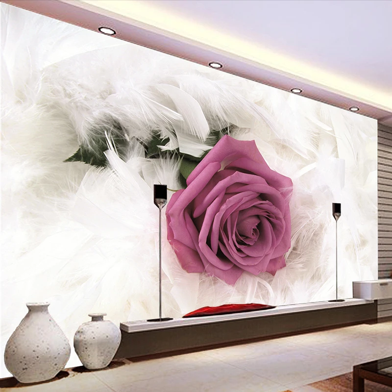 Custom Photo Mural Modern Fashion Rose Flower Feather Art Wall Painting Living Room TV Background Wallpaper For Bedroom Walls 3D