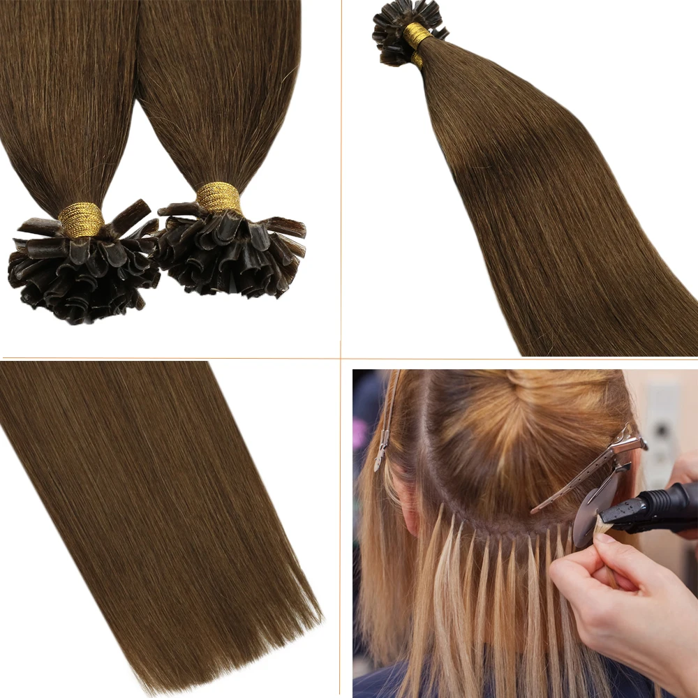 Ugeat U Tip Hair Extensions Nail Tip Human Hair Extensions Hot Fusion Real Remy Human Hair Pure Color Straight Hair 1g/s 50G