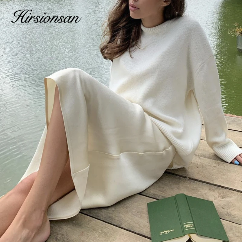 

Hirsionsan Elegant Satin Side Zipper Solid Skirts Women Casual High-Waist Silk Skirt Chic Mid-Calf Length A-Line Skirt for Lady
