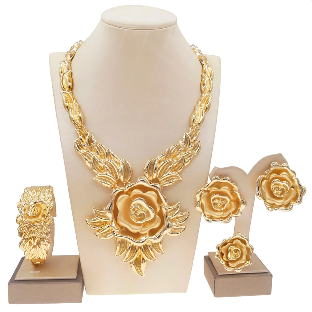 Hot Selling Italian Colour Gold Rose Flower Pendant Ladies Jewelry Set Luxury Wings Necklace Banquet Party Earrings Ring H00100