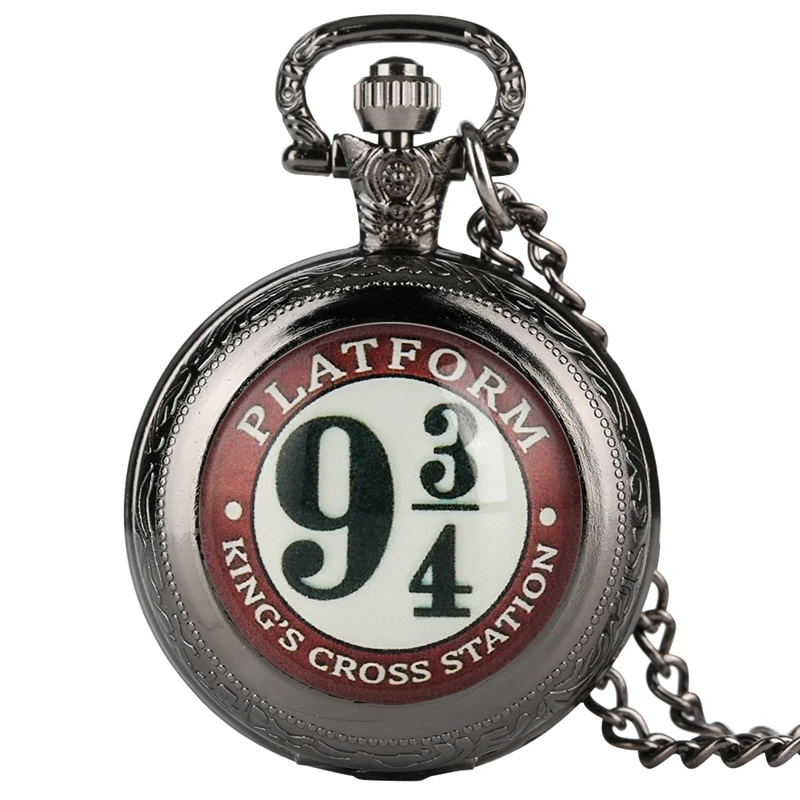 Movie Extension Theme 9 3/4 Platform King's Cross London Quartz Pocket Watch Necklace Pendant Retro Souvenir Gifts for Men Women