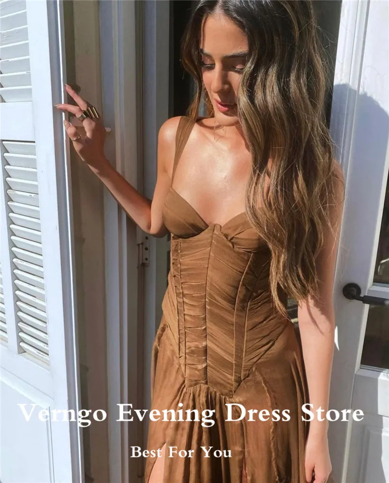 Verngo Women Long Dress Prom Party Dresses Coffee Silk Chiffon Sweetheart A Line Evening Gowns Side Pleats Formal Occasion Dress